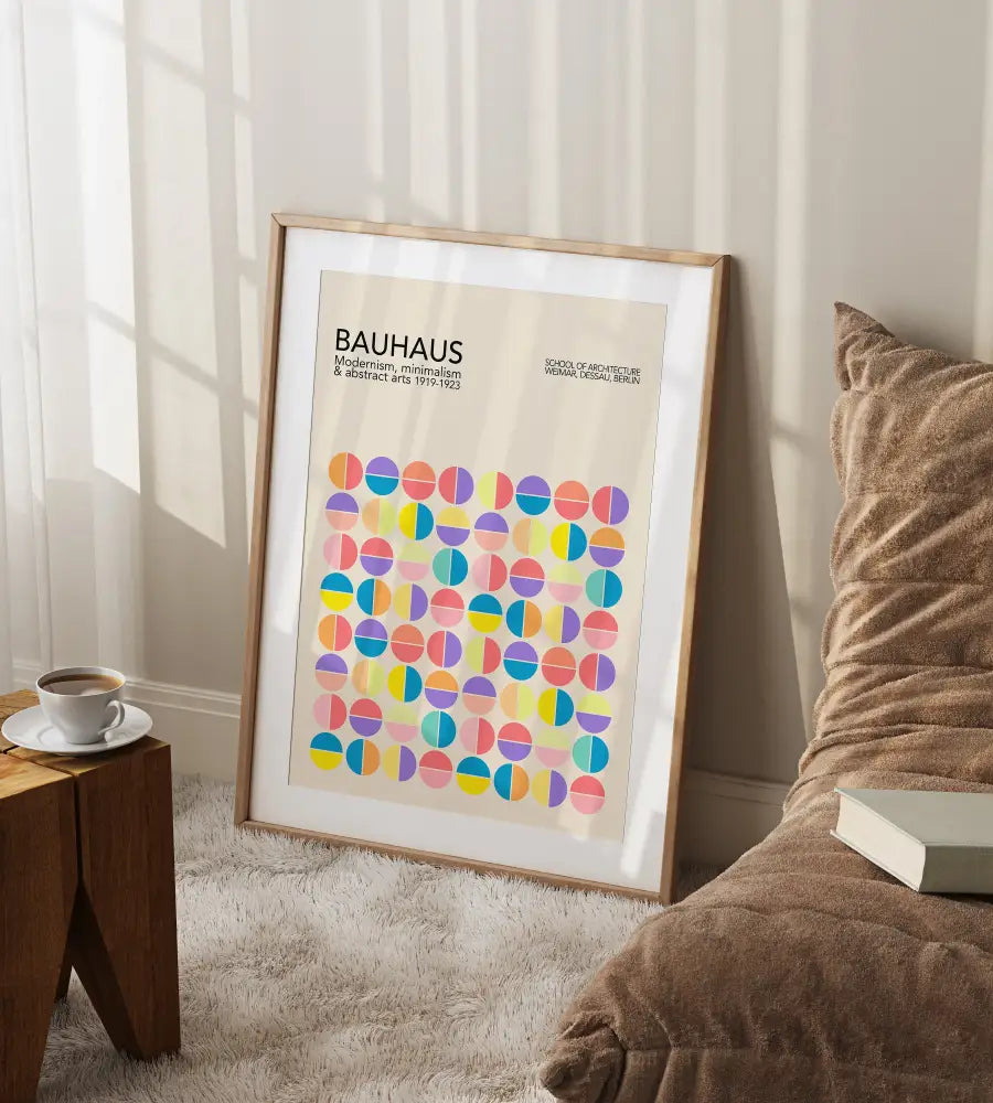 A framed DecorBites™ modern geometric canvas print with pastel half-circle patterns on beige background in wood frame