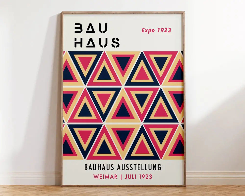Decorbites modern geometric canvas print featuring overlapping navy blue coral pink and beige triangles for home decor