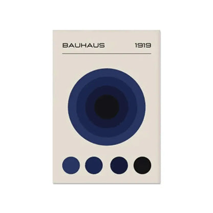 Decorbites modern geometric canvas wall art print with minimalist blue concentric circles on cream background and color swatches