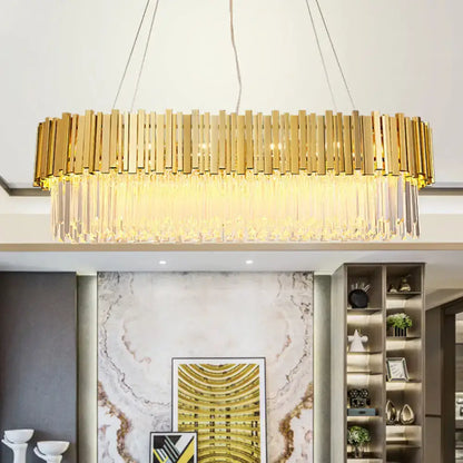 DecorBites modern gold-toned crystal prism chandelier with 12 heads and vertical brass bars for living room island decor