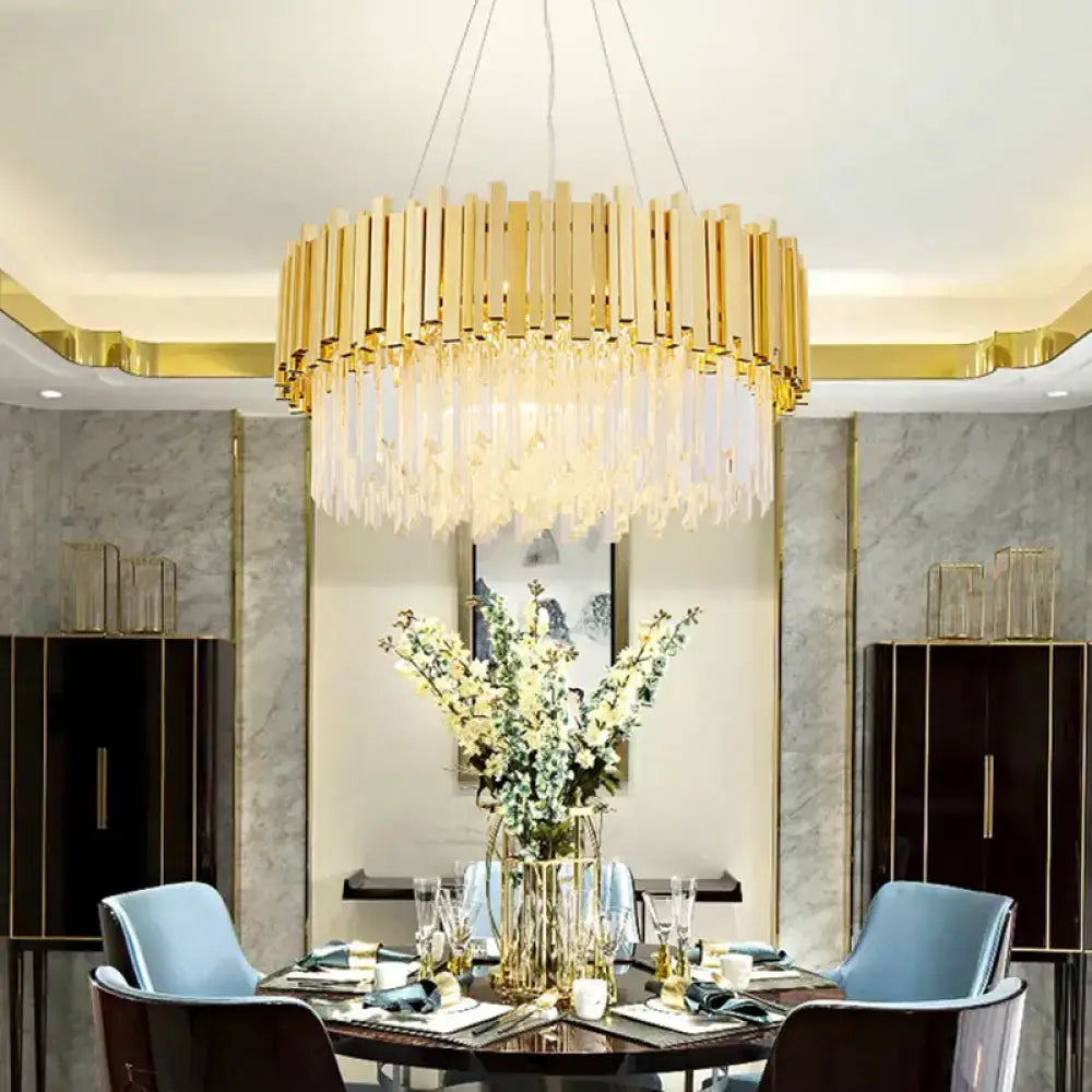 DecorBites™ modern geometric gold crystal prism chandelier with 12 heads and hanging crystal droplets for living room island