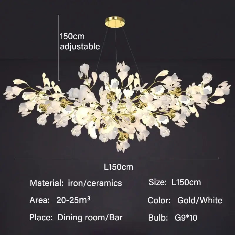 DecorBites™ modern ginkgo leaf led chandelier with white ceramic petals and gold iron branches for dining room lighting