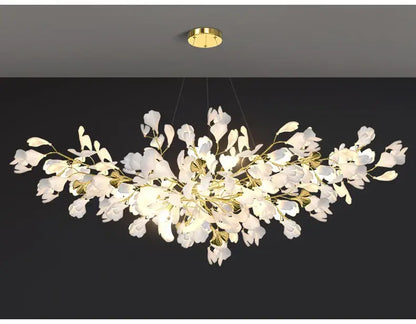 DecorBites modern ginkgo leaf led chandelier with elegant white floral design and gold accents for dining room lighting