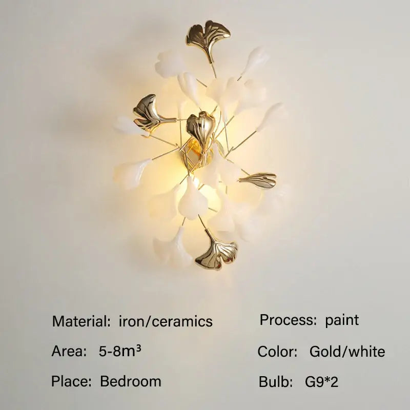 Decorbites™ modern ginkgo leaf led chandelier featuring delicate gold and white ceramic petals for dining room lighting
