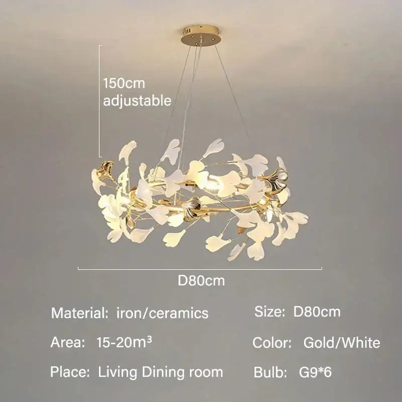 Decorbites modern ginkgo leaf led chandelier in gold and white ceramic with adjustable height for dining room lighting