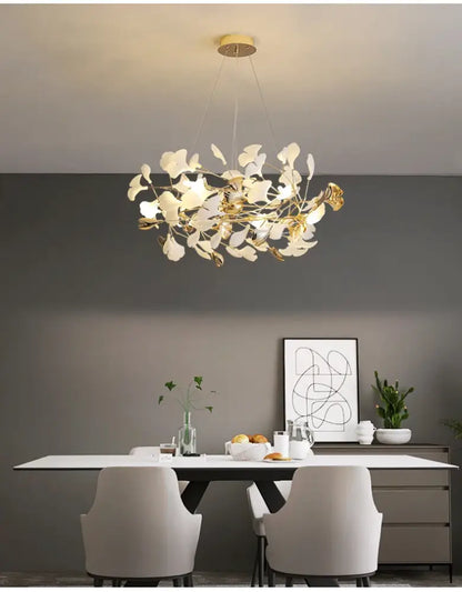 DecorBites modern ginkgo leaf LED chandelier with white and gold brass leaves for dining room lighting