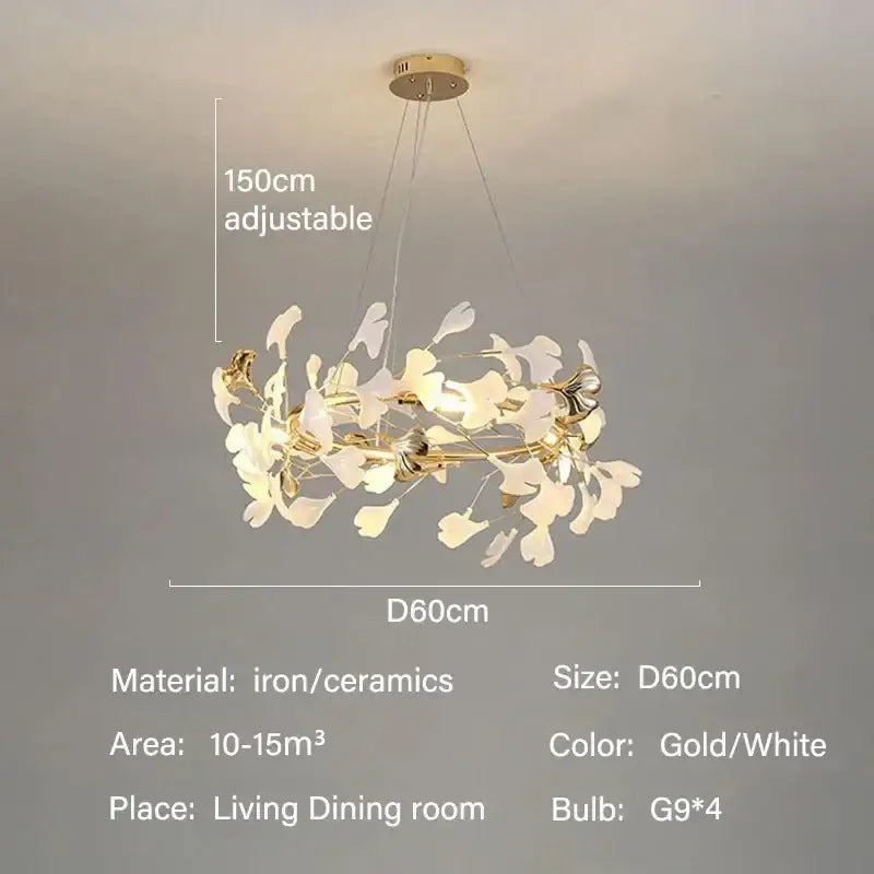 Decorbites modern ginkgo leaf led chandelier in gold and white iron ceramics with 150cm adjustable length for dining room lighting