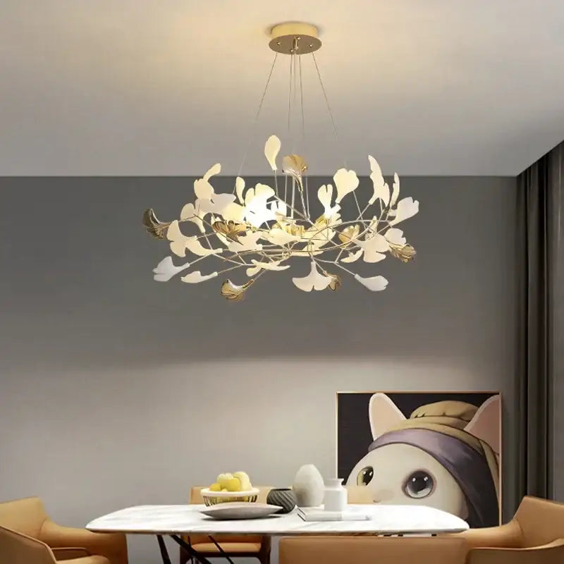 DecorBites™ modern ginkgo leaf LED chandelier with brushed gold metal arms and white panels for dining room lighting