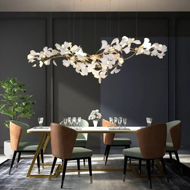 Decorbites modern ginkgo leaf led chandelier in white and gold metal hanging above dining room table lighting