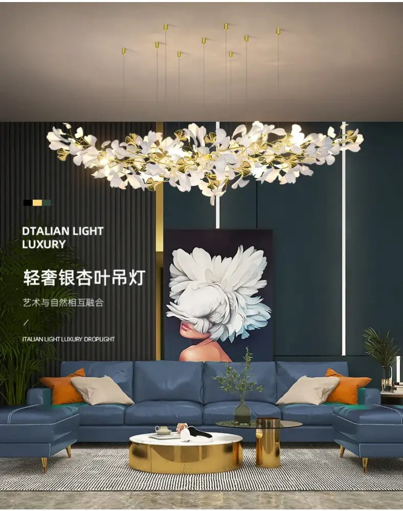 Decorbites modern ginkgo leaf led chandelier with white and gold leaf-like fixtures for dining room lighting