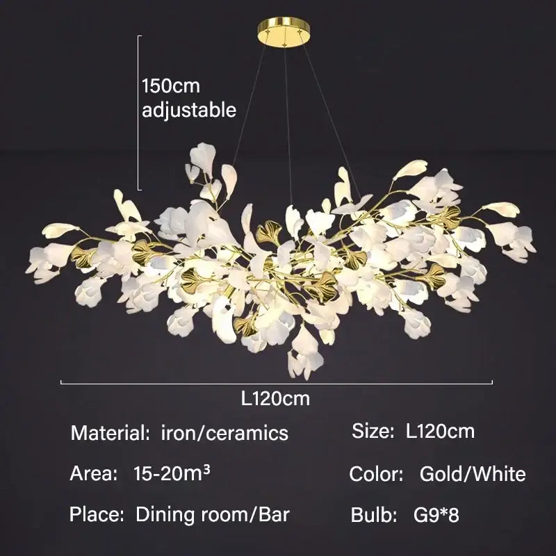 DecorBites modern ginkgo leaf led chandelier with white ceramic blossoms and gold iron branches for dining room lighting