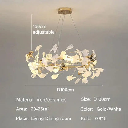 DecorBites modern ginkgo leaf LED chandelier with gold and white ceramic accents for dining room lighting
