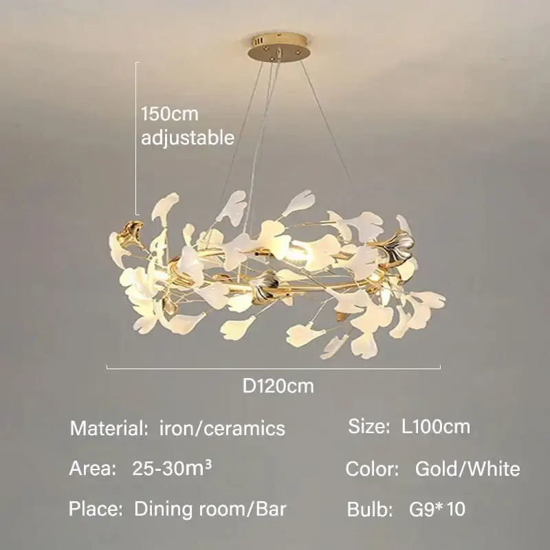 Elegant gold and white DecorBites™ modern ginkgo leaf LED chandelier with iron and ceramic for dining room lighting