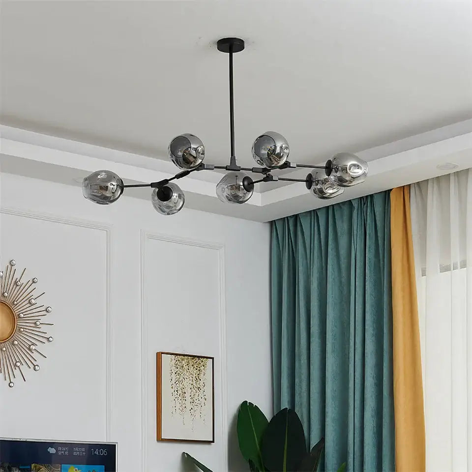 Modern black metal DecorBites™ ball led chandelier with six reflective chrome glass balls suspended from rod