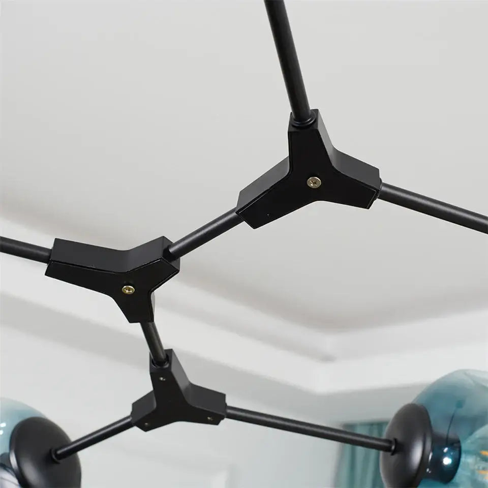 Decorbites™ modern black metal ball led chandelier with teal glass ball globe fixtures and geometric tripod connectors