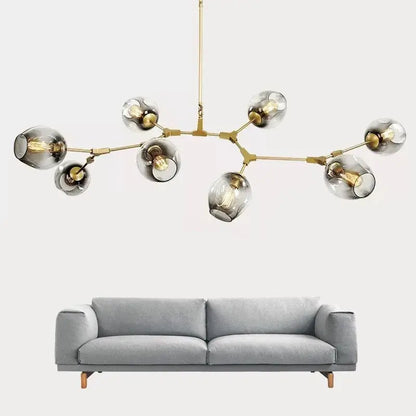 DecorBites™ modern brass ball led chandelier with smoked glass globes and exposed filament bulbs for home decor