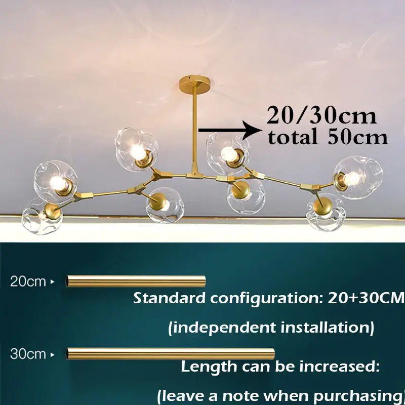 DecorBites™ modern glass ball pendant chandelier in black gold with clear globe shades and branching metal structure