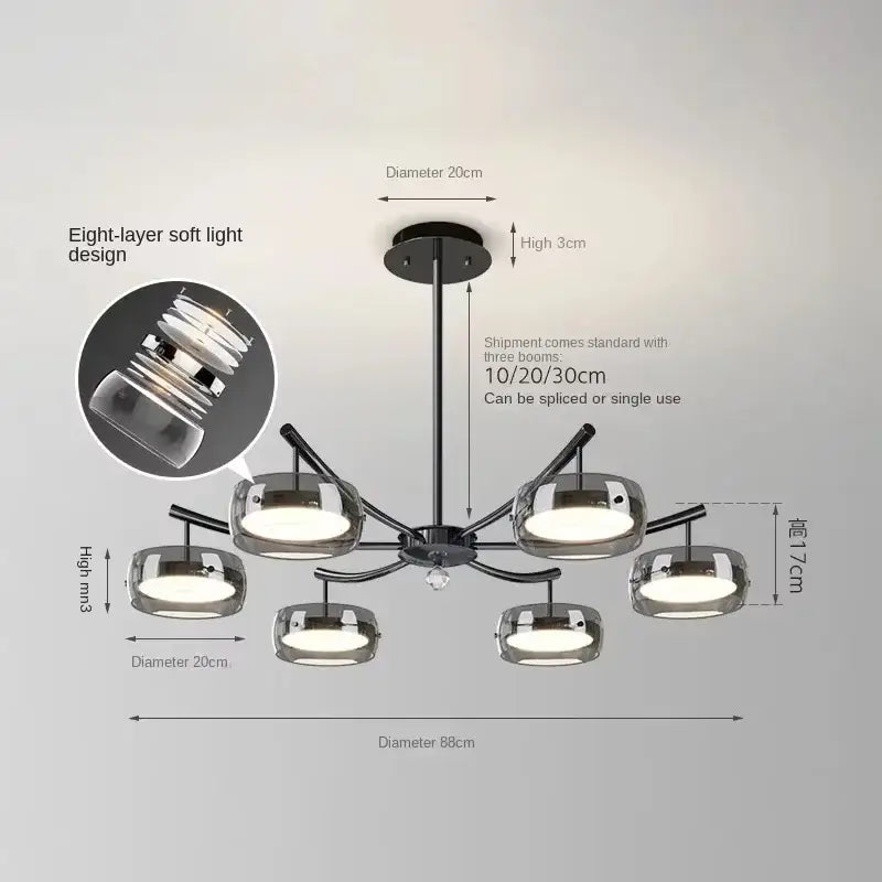 Modern black metal pendant light with eight glass globe shades and central crystal accent for dining table use