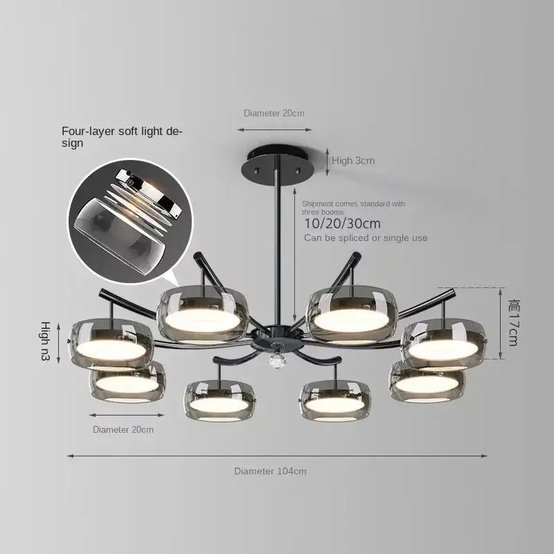 DecorBites modern pendant light with eight frosted glass globes and black metal frame for dining table illumination
