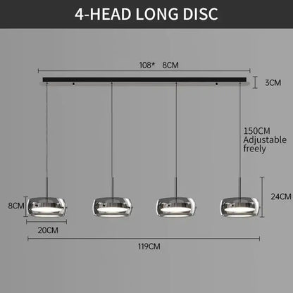 DecorBites modern chrome pendant light with four adjustable heads for dining table illumination in glass design