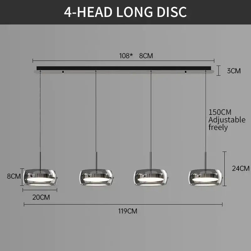 DecorBites modern chrome pendant light with four adjustable heads for dining table illumination in glass design