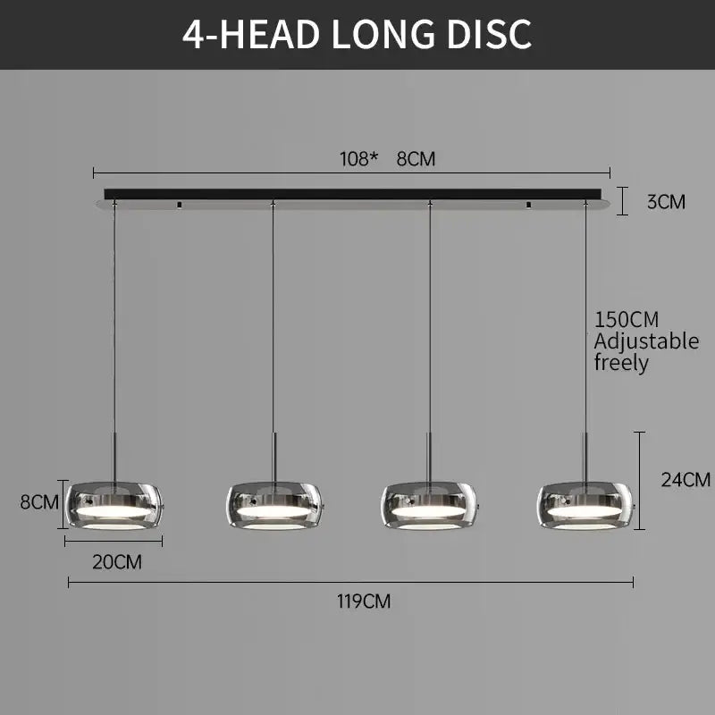 Decorbites modern chrome finished 4-head long disc pendant light with adjustable length for dining table pendant use
