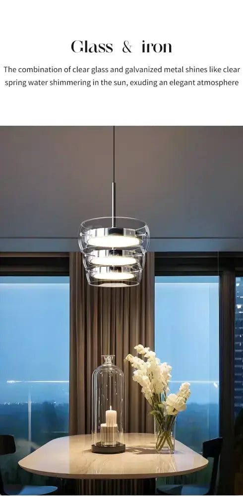 DecorBites™ modern glass dining table pendant light with clear layered circular glass and iron rings design