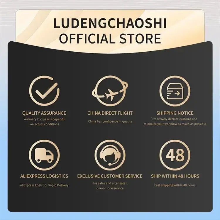 Ludengchaoshi official store promotional graphic with gold icons on black background for DecorBites modern glass dining table pendant light