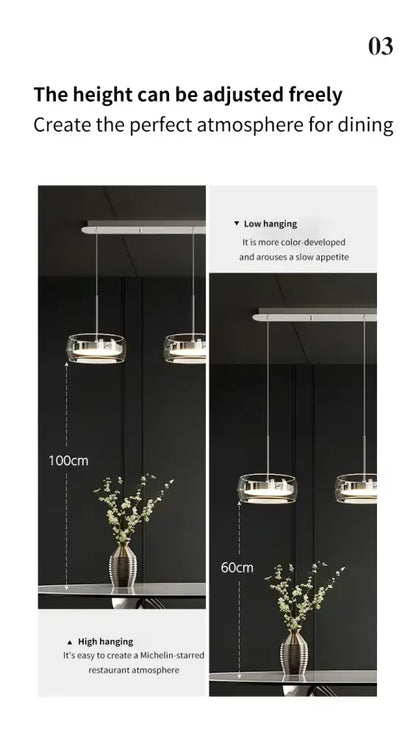 DecorBites modern glass dining table pendant light with sleek cylindrical glass shades and polished metal frames