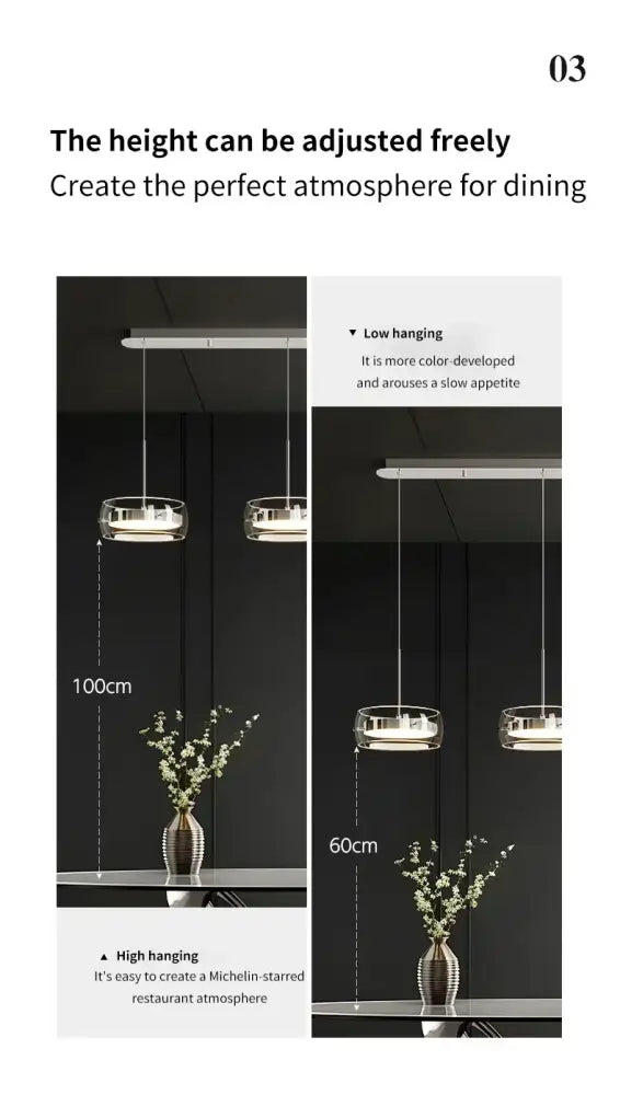 DecorBites modern glass dining table pendant light with sleek cylindrical glass shades and polished metal frames