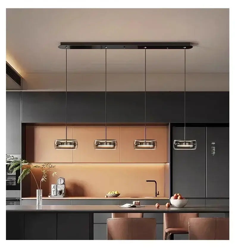 DecorBites modern glass dining table pendant light with four sleek metallic shades and matte black ceiling mount pendant light