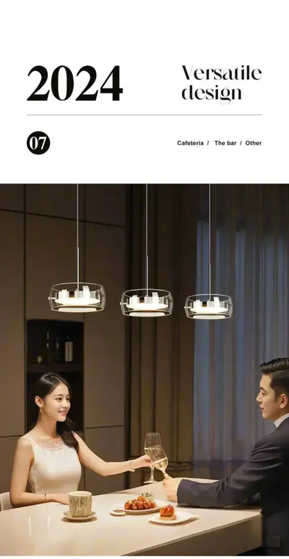 DecorBites™ modern glass dining table pendant light with three clear glass shades and sleek metal frames above table