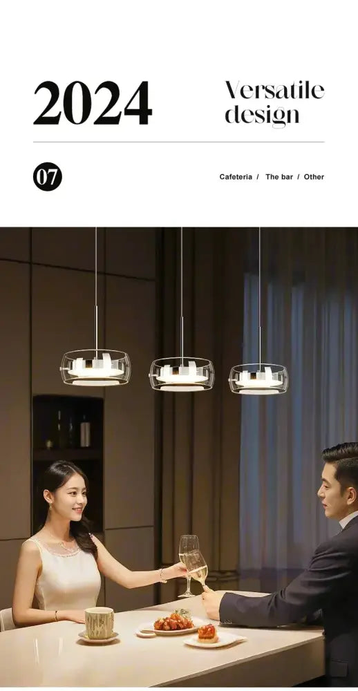 DecorBites™ modern glass dining table pendant light with three clear glass shades and sleek metal frames above table