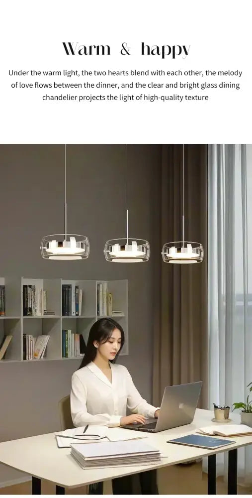 DecorBites™ modern glass dining table pendant light with clear glass shades and metallic frames above a dining table