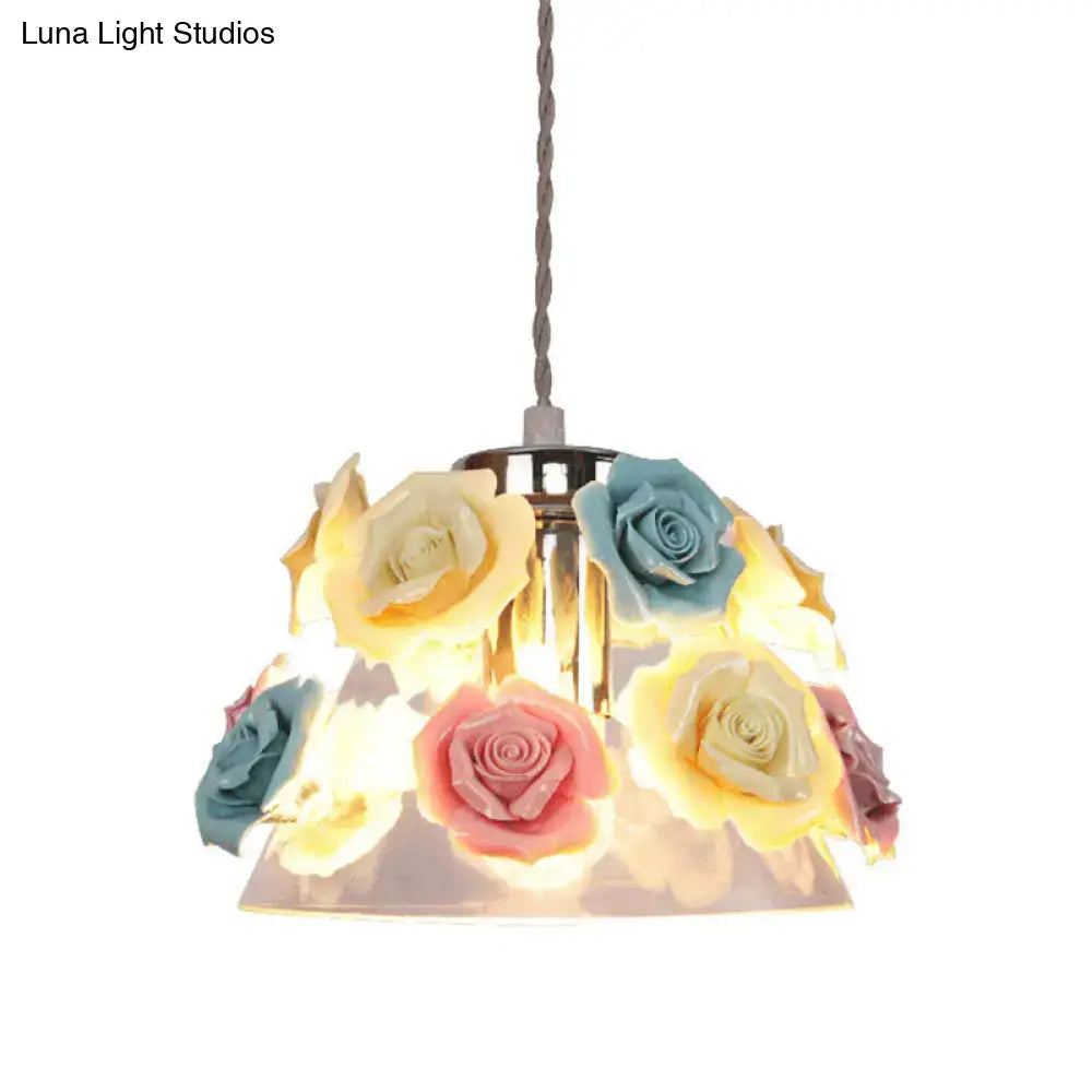 Decorbites™ modern glass hanging lamp with pastel blue-pink-yellow flower decor and transparent glass pendant light