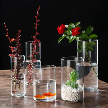 Clear glass hydroponic vase set with red leaf plants rose succulent and goldfish for modern wedding decor by decorbites