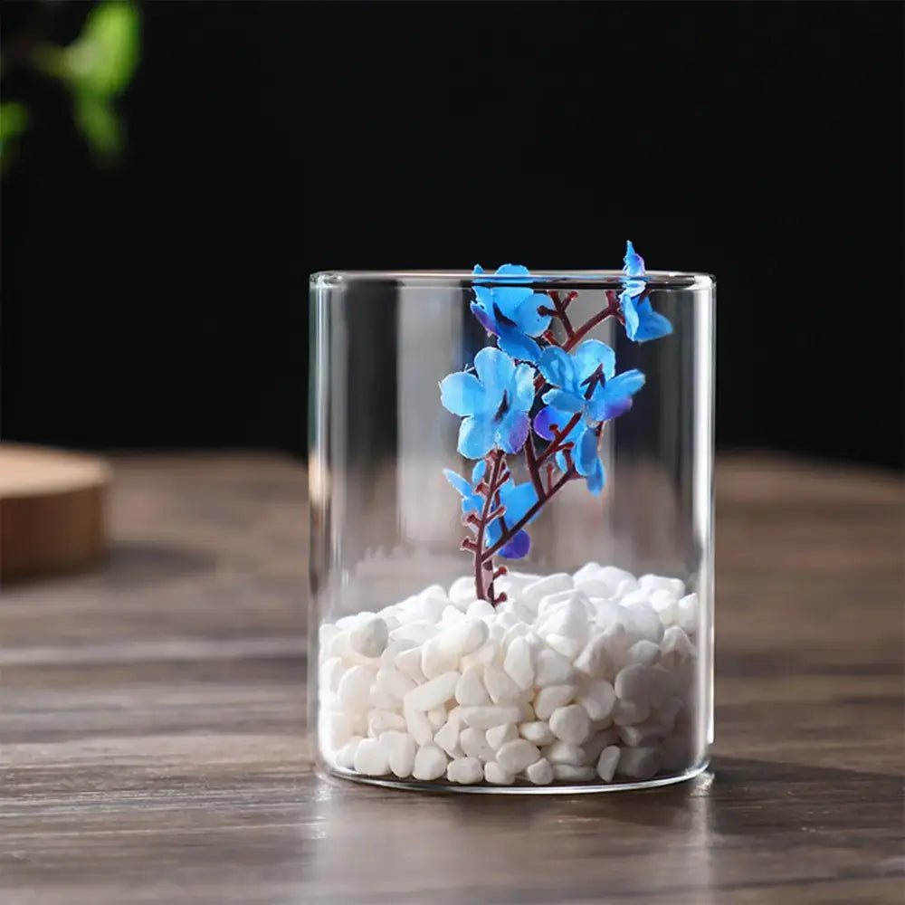 Decorbites™ modern clear glass hydroponic vase with white pebbles and blue artificial flowers for wedding decor