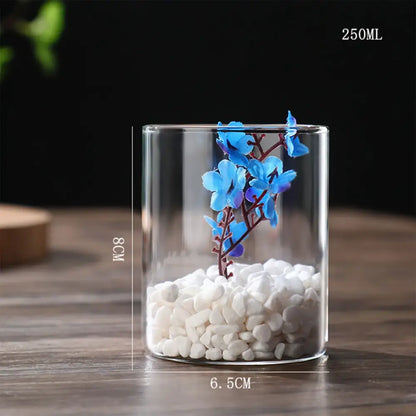 Decorbites™ modern glass hydroponic vase with white pebbles and blue artificial flowers for wedding decor