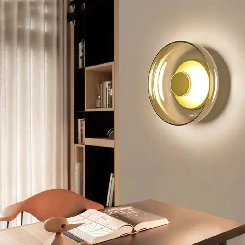 Decorbites modern glass led wall light with a translucent amber glass shade and warm yellow light for wall use