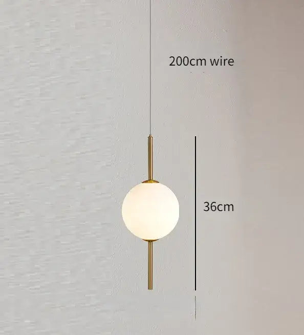 DecorBites™ modern glass pendant lighting with minimalist frosted glass globe and brass-finished rod suspended by 200cm wire