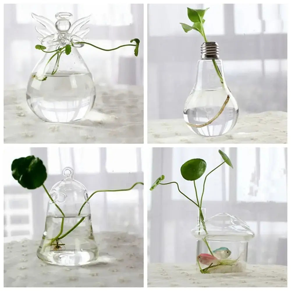 Clear glass vase terrarium set including angel, light bulb, bell, and house shapes with plants and fish in water
