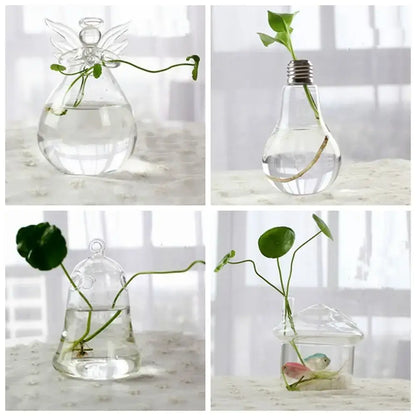 Clear glass vase terrarium set including angel, light bulb, bell, and house shapes with plants and fish in water