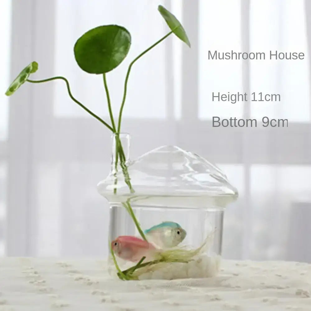 DecorBites™ modern glass vase terrarium with clear glass, colorful fish, and green leafy stems for decoration