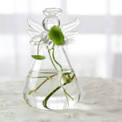 DecorBites™ modern glass vase terrarium shaped like a clear angel holding green aquatic plants in water