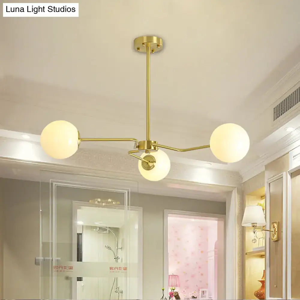 Decorbites modern gold ceiling light with three white glass frosted globes semi flush mounted for bedroom use