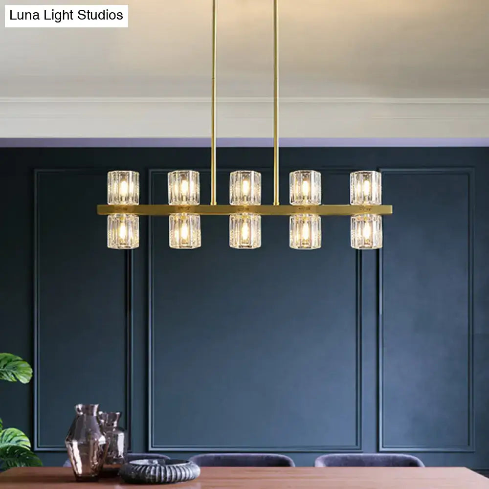 DecorBites modern gold-toned rectangular pendant light with ten cylindrical crystal candle bulbs for dining tables 220v-240v 110v-120v