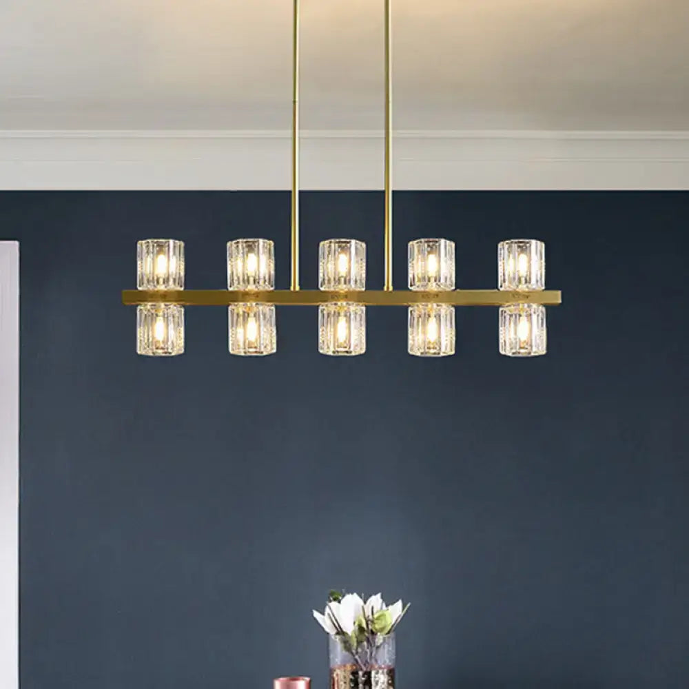 Decorbites modern golden cylindrical crystal pendant light with 10 clear glass candle bulbs linear design for dining tables 220v-240v 110v-120v