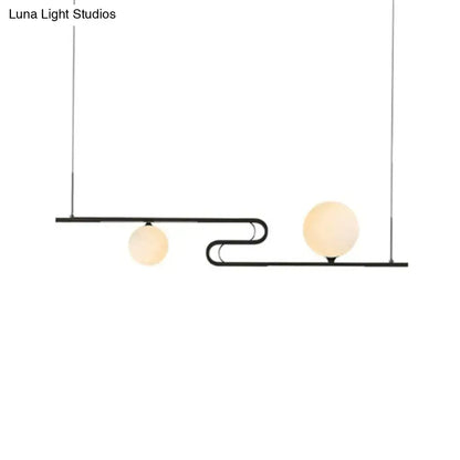 Modern black metal hanging chandelier with two frosted glass globe bulbs simplicity modo for dining hall island