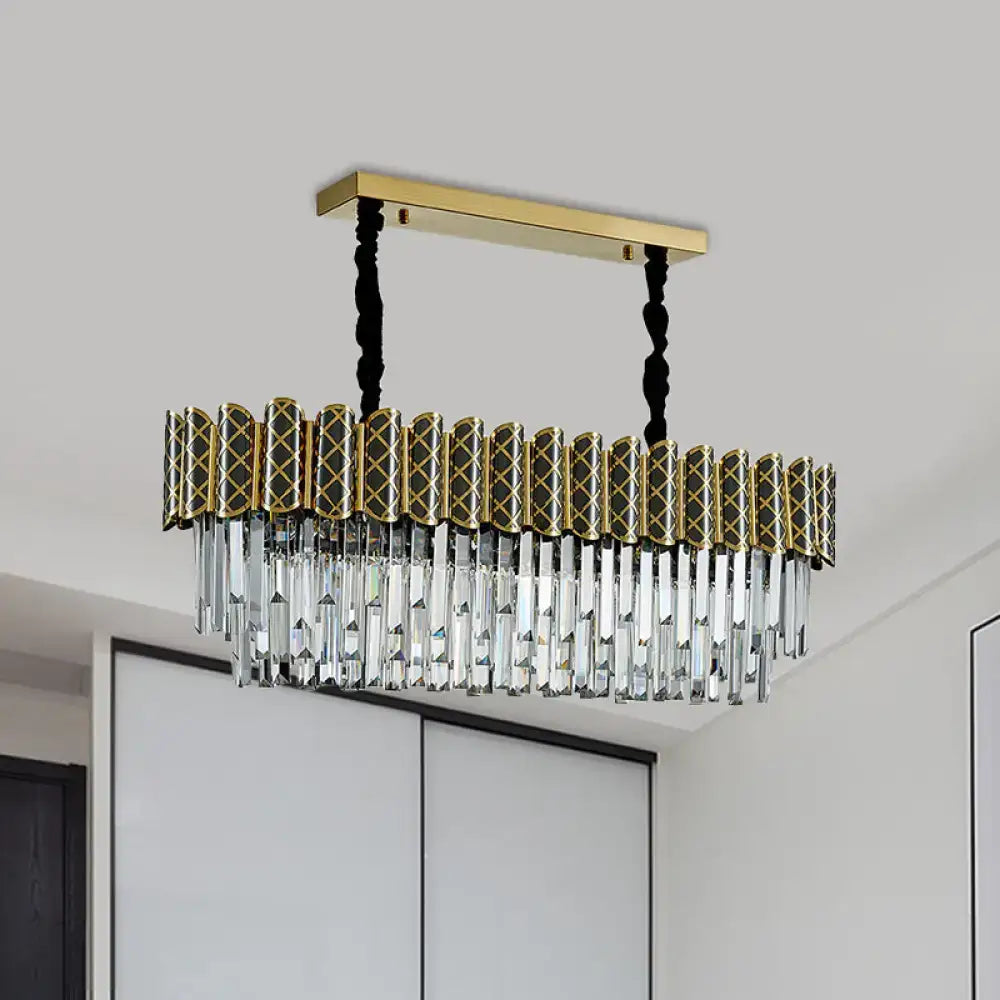 Decorbites modern hanging crystal pendant light with gold-toned rectangular frame and clear prisms for 110v-120v use