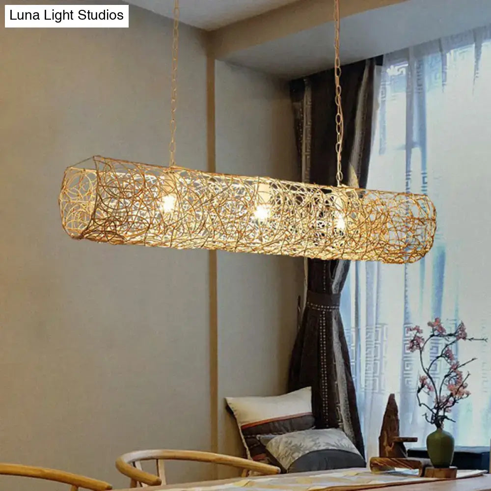 DecorBites™ modern hanging rattan ceiling light with 3 bulbs in golden hue for stunning contemporary tea room island lighting